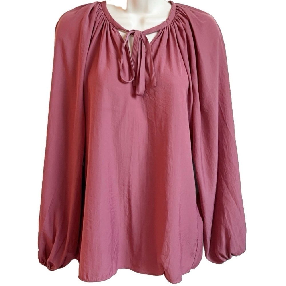 NWT Joan Vass Peasant Blouse Long Sleeve Pink Bow Accent Pullover Extra Small